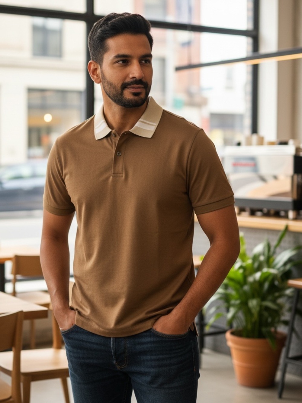 • Boss • Men's Short Sleeve Brown Contrast-Collar Polo Shirt Medium